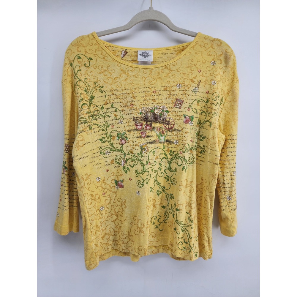 Studio Collection Yellow Floral Garden Graphic 3/4 Sleeve Top Large